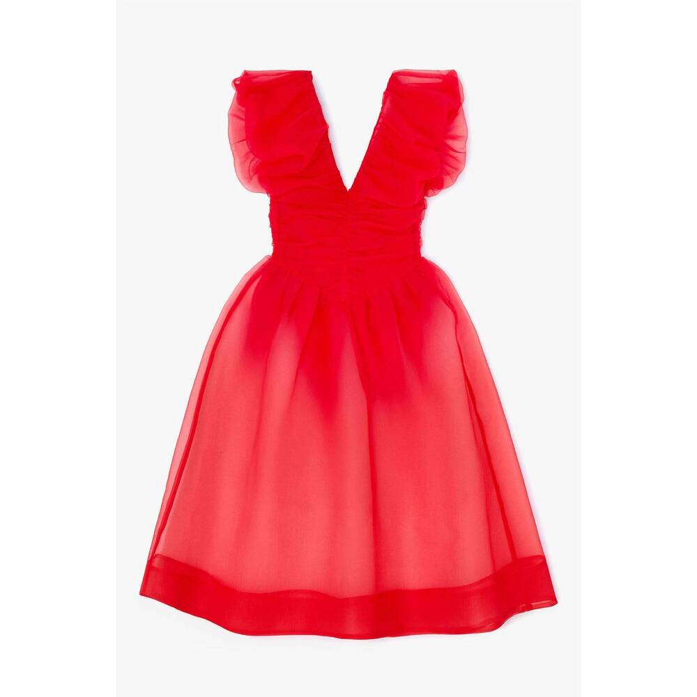 NEW GANNI textured organza long ruched dress in marsred - Picture 5 of 5